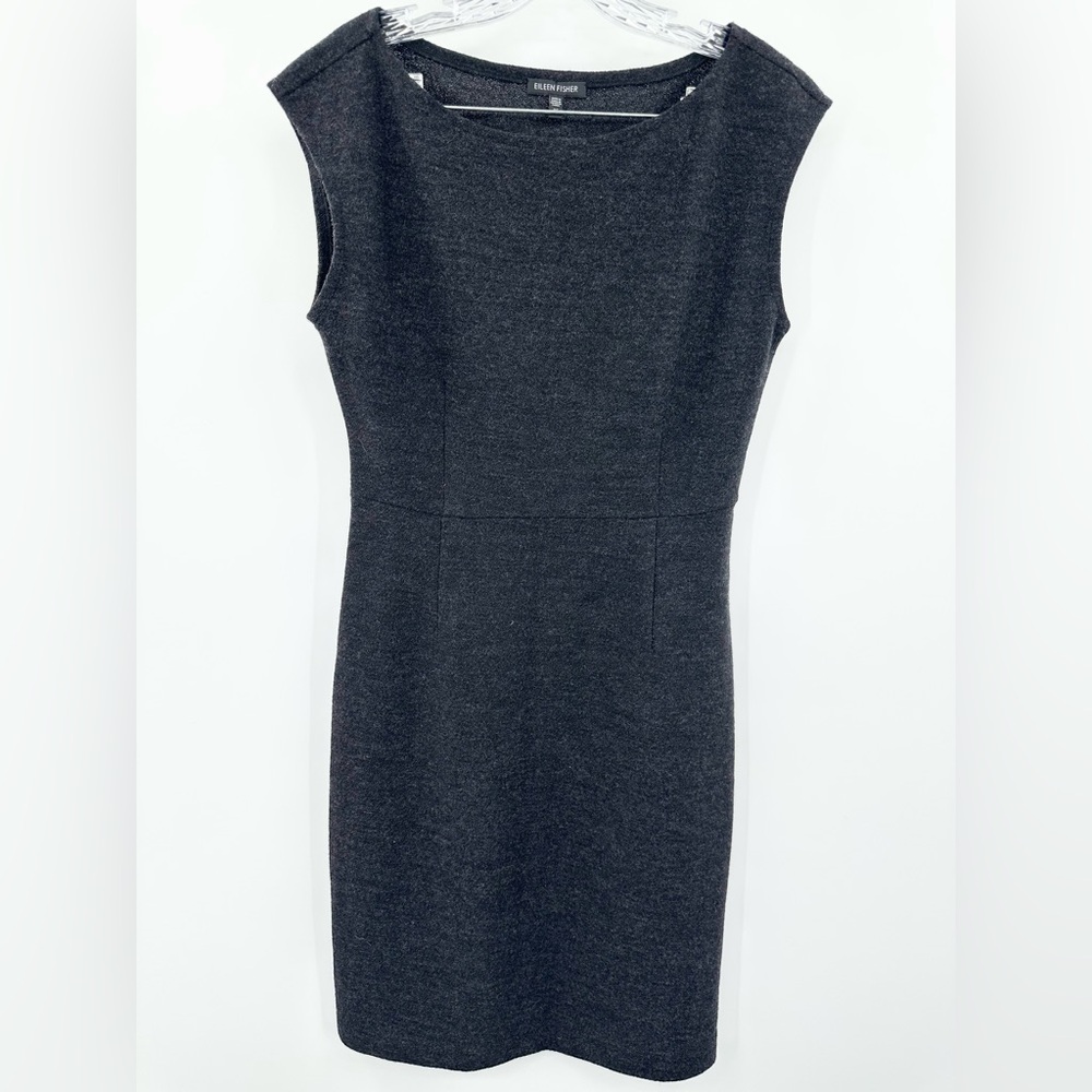Eileen Fisher Knitted Wool Boat Neck Charcoal Gray Shift Dress Size XS